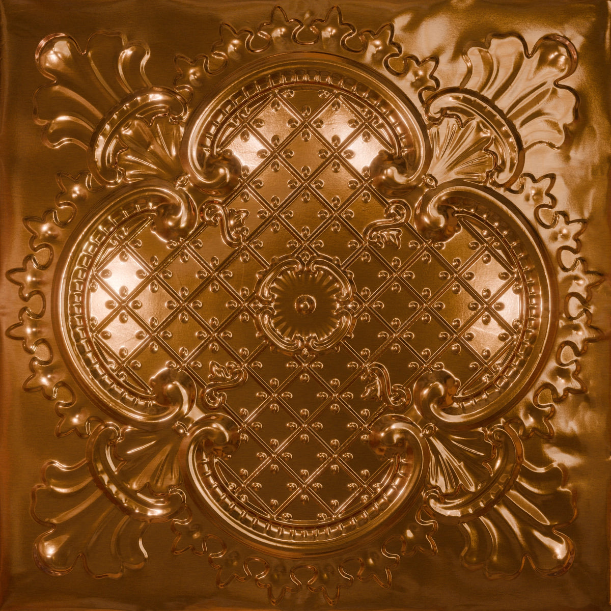 Pattern 104 Elegant Clover tin ceiling tile — Transparent Copper finish