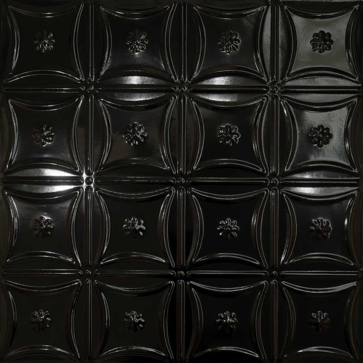 Pattern 130 Sixteen Flowers tin ceiling tile — Mirror Black finish