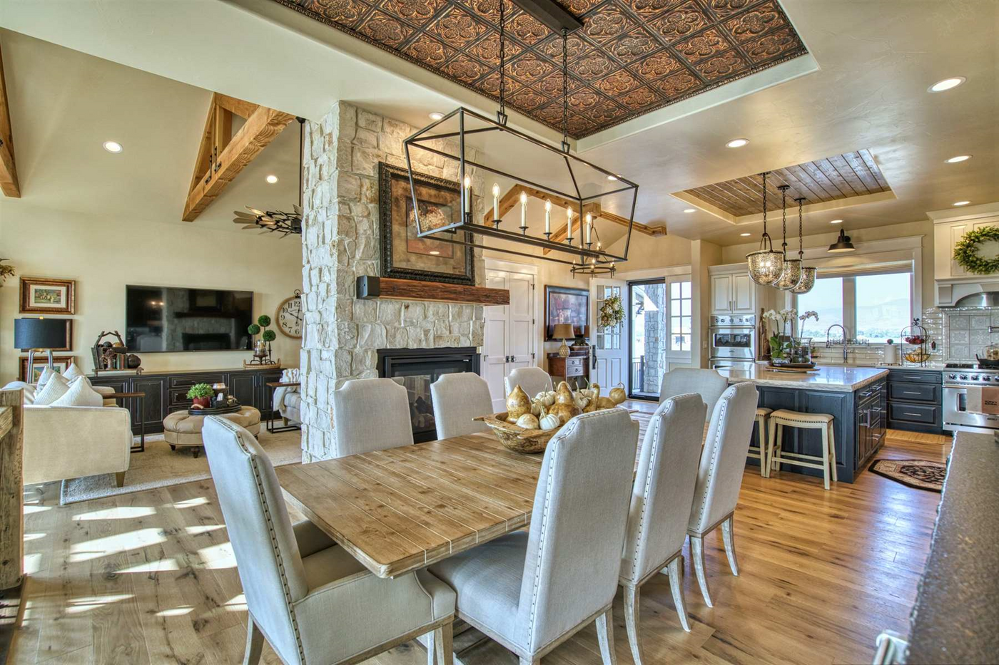 Lucky Clover tin ceiling tiles (Pattern 112) in Davis finish installed in a coffered dining room ceiling