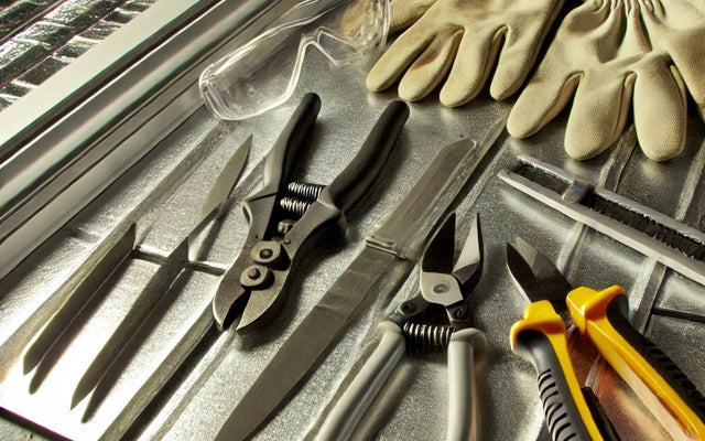Tools for cutting metal ceiling tiles on a workbench
