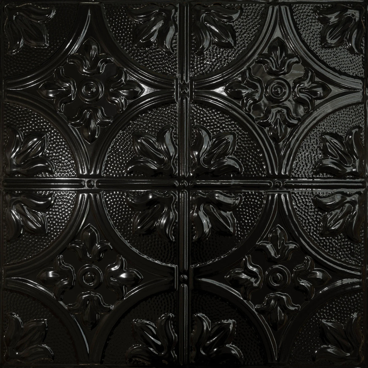 Pattern 102 Fleur-De-Lis 12in. tin ceiling tile — Mirror Black finish