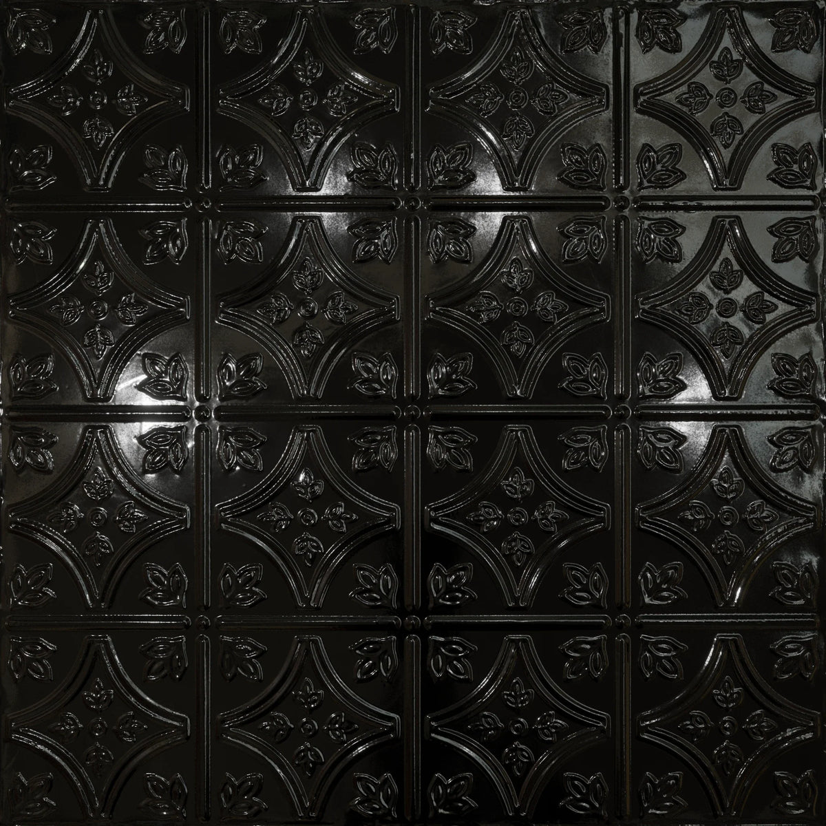 Pattern 103 Fleur-De-Lis 6in. tin ceiling tile — Mirror Black finish