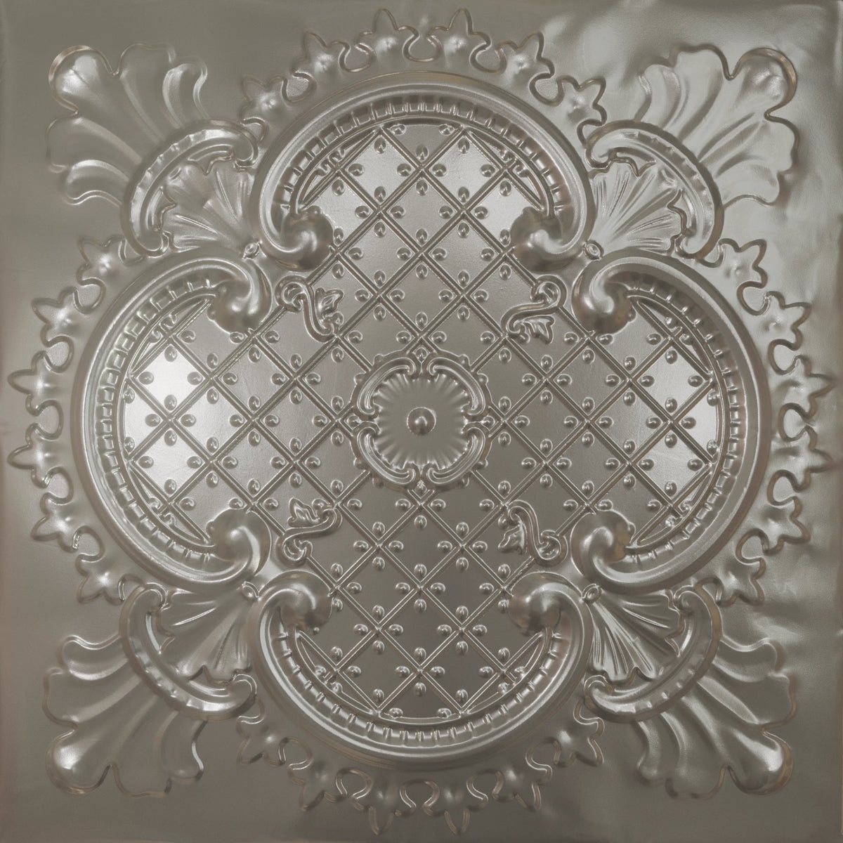 Pattern 104 Elegant Clover tin ceiling tile — Aluminum finish