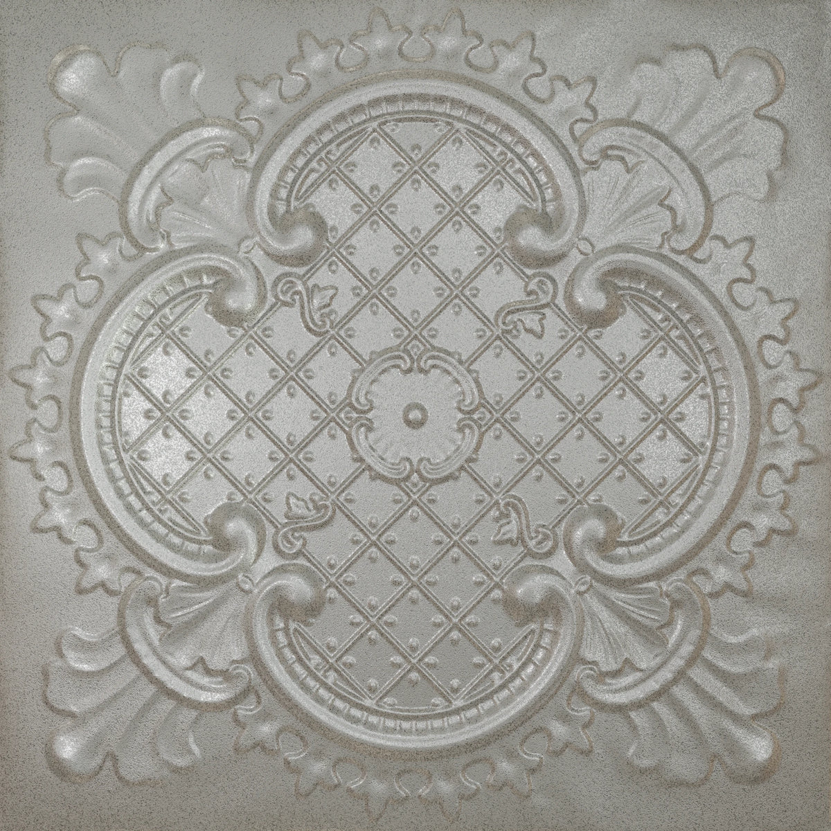 Pattern 104 Elegant Clover tin ceiling tile — Arctic Shimmer finish