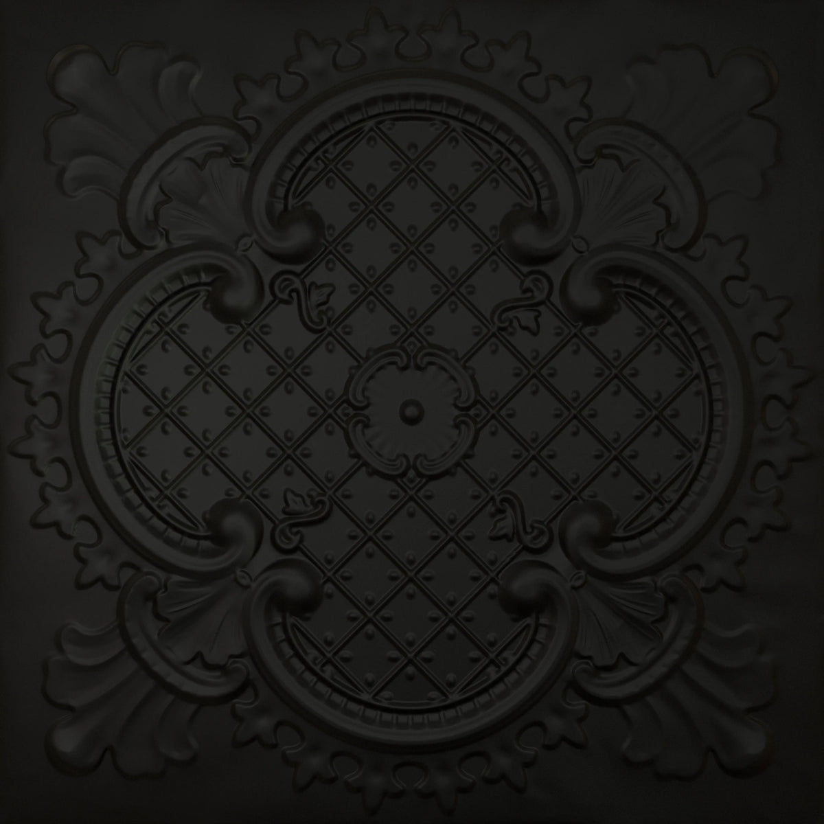 Pattern 104 Elegant Clover tin ceiling tile — Matte Black finish