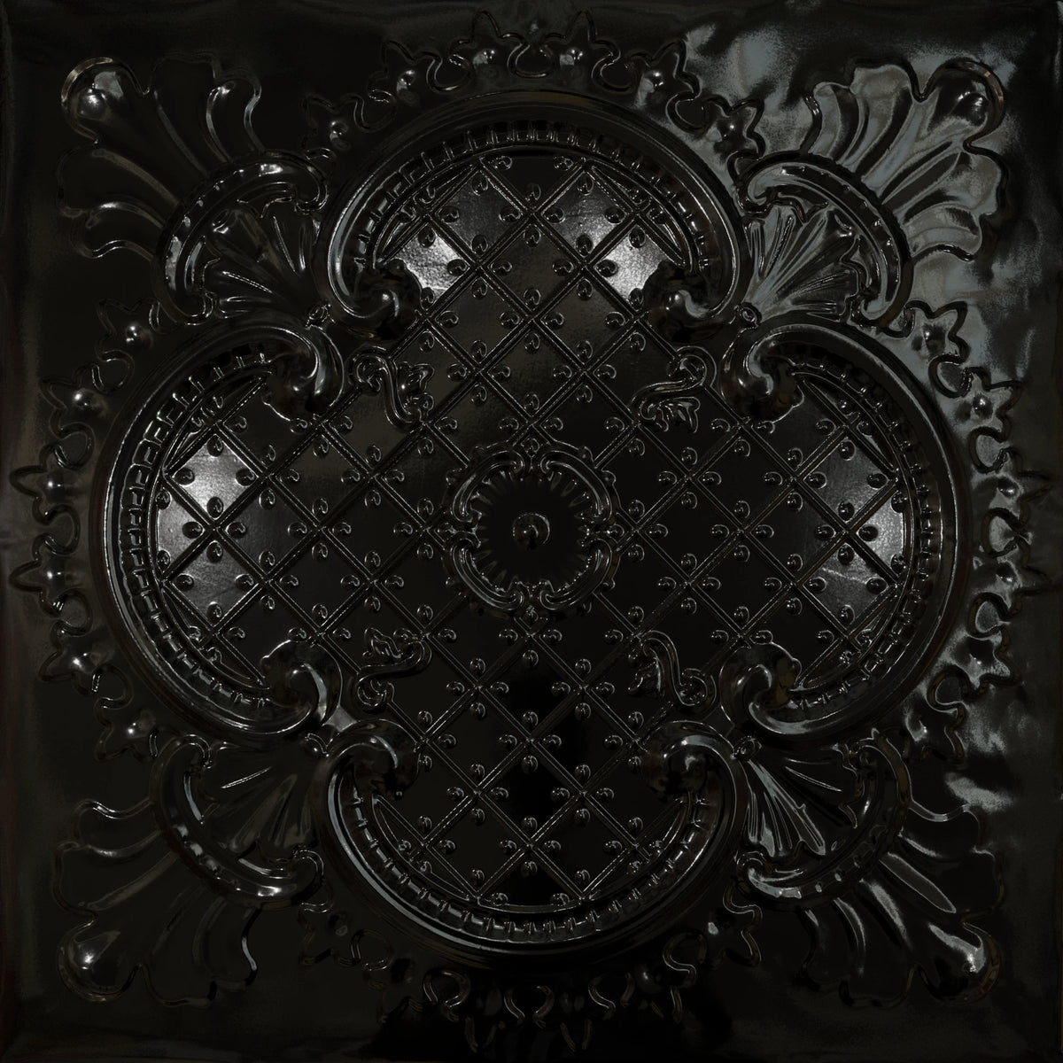 Pattern 104 Elegant Clover tin ceiling tile — Mirror Black finish