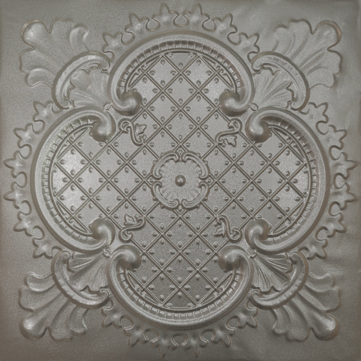 Pattern 104 Elegant Clover tin ceiling tile — Nickel Vein finish