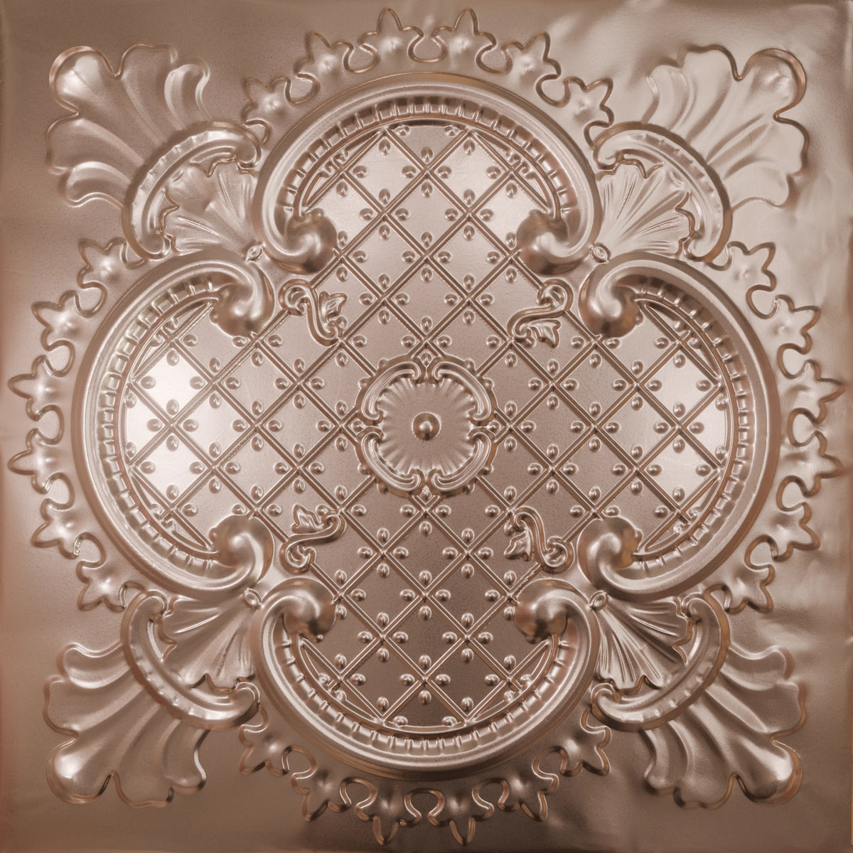 Pattern 104 Elegant Clover tin ceiling tile — Penny Pearl finish