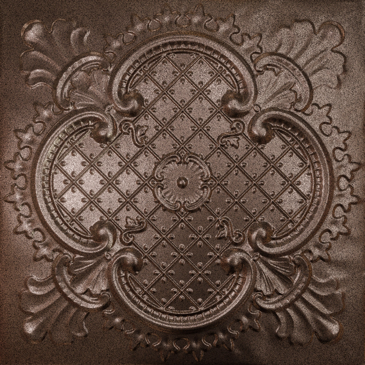 Pattern 104 Elegant Clover tin ceiling tile — Penny Vein finish