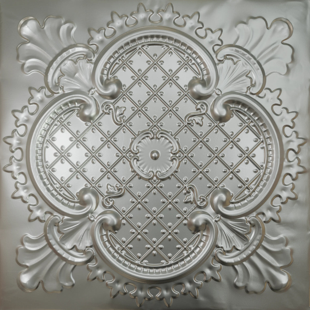 Pattern 104 Elegant Clover tin ceiling tile — Silver finish