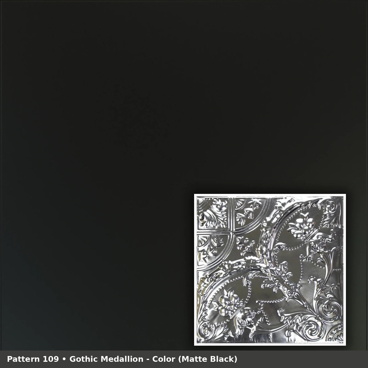 Pattern 109 Gothic Medallion tin ceiling tile — Matte Black finish
