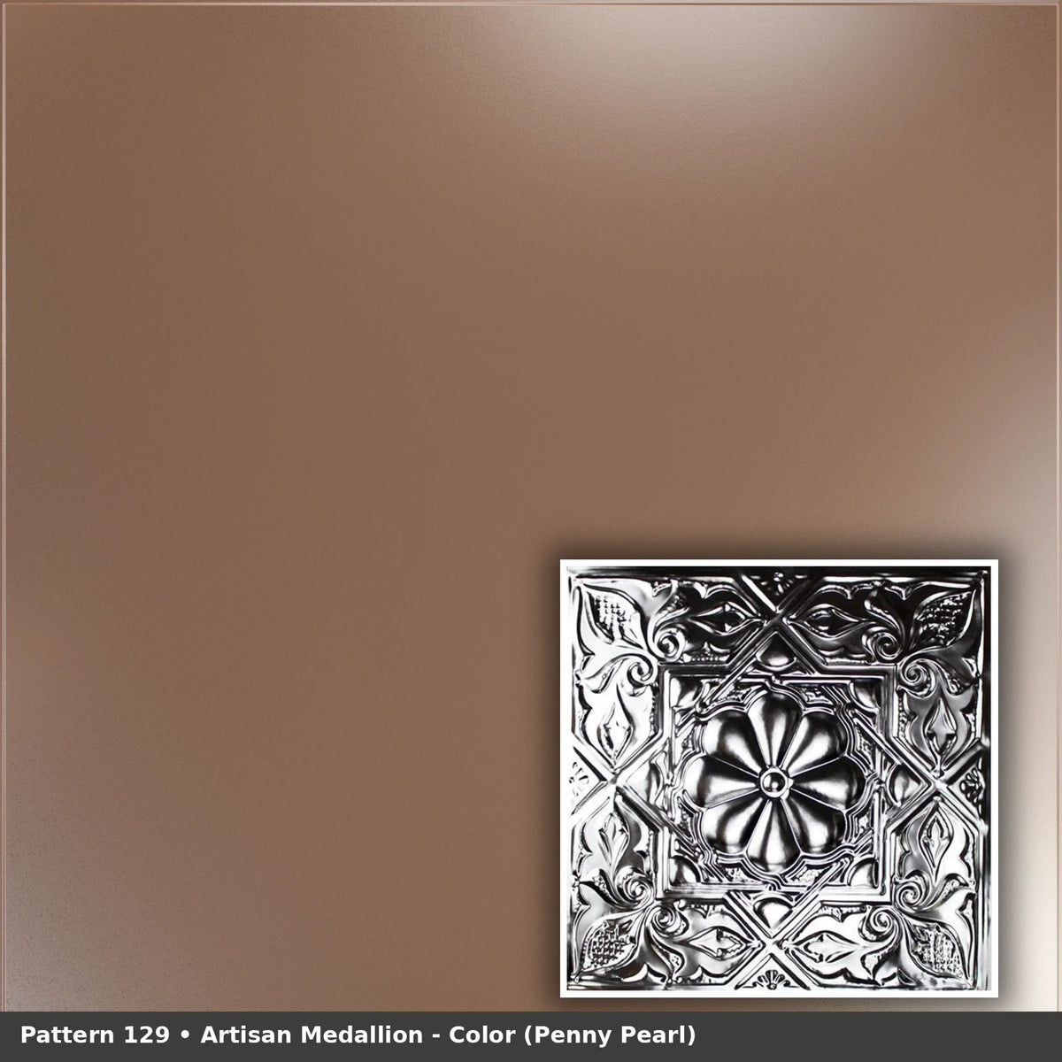 Pattern 129 Artisan Medallion tin ceiling tile — Penny Pearl finish