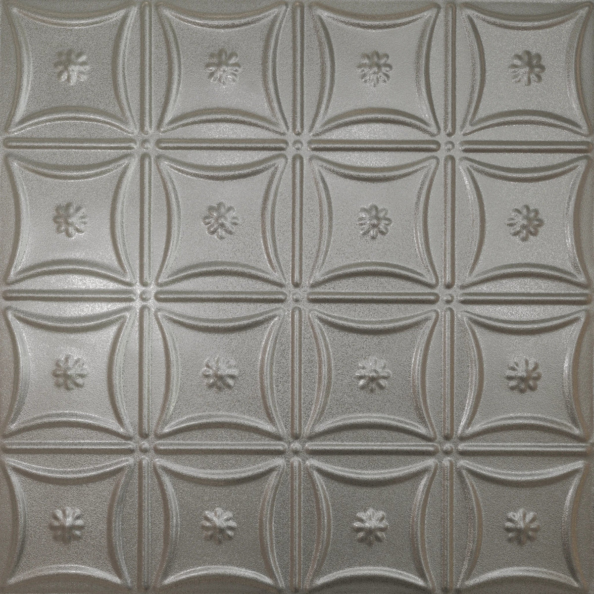 Pattern 130 Sixteen Flowers tin ceiling tile — Nickel Vein finish