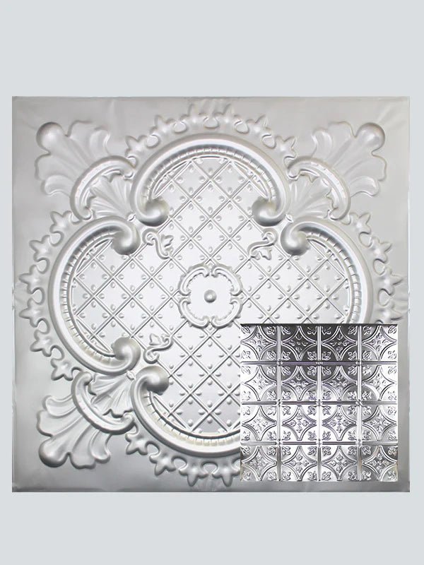Metal Ceiling Tiles | Pattern 103 | FleurDeLis 6in - Silver - Metal Ceiling Express