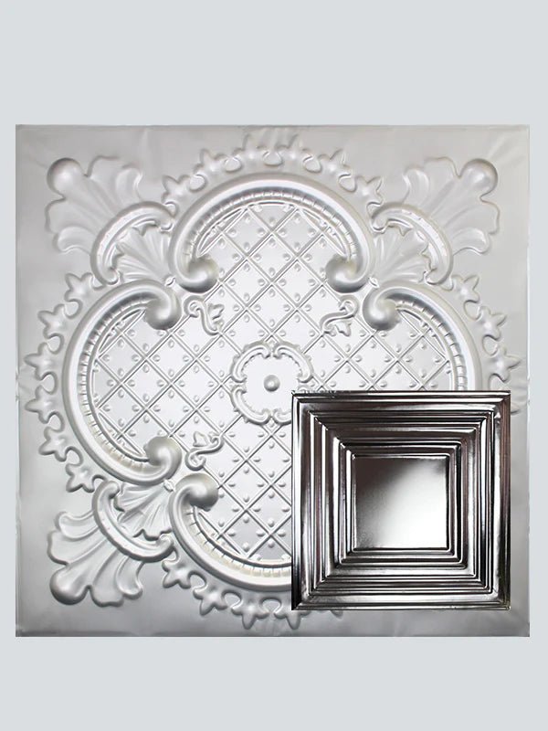 Metal Ceiling Tiles | Pattern 115 | Framed Gallery - Silver White - Metal Ceiling Express