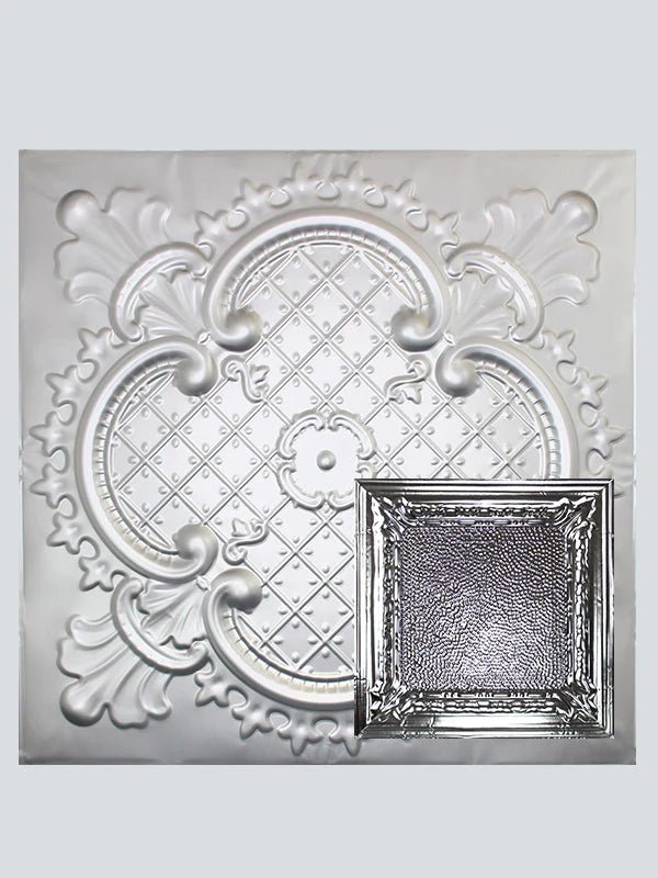 Metal Ceiling Tiles | Pattern 128 | Peened Frame - Silver - Metal Ceiling Express