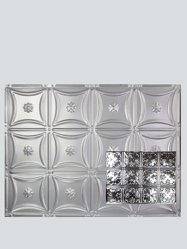 Metal Ceiling Backsplash Tiles - Pattern 121b - Color: Standard Silver - Size: 18" x 24" - Wall & Ceiling Tiles - Metal Ceiling Express